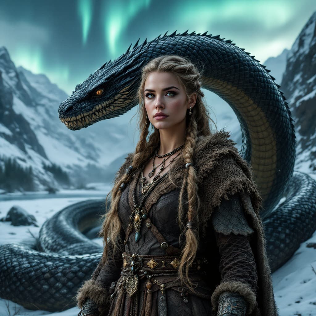 AI generated: full body shot, hyper-realistic, A beautiful ancient Norse woman stands tall and proud, her striking...