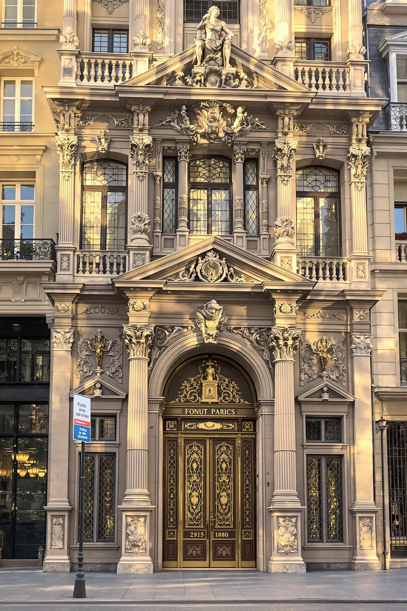 AI generated: Paris 1880, hyperrealistic illustration in colours, a building facade with a monumental entrance, in...