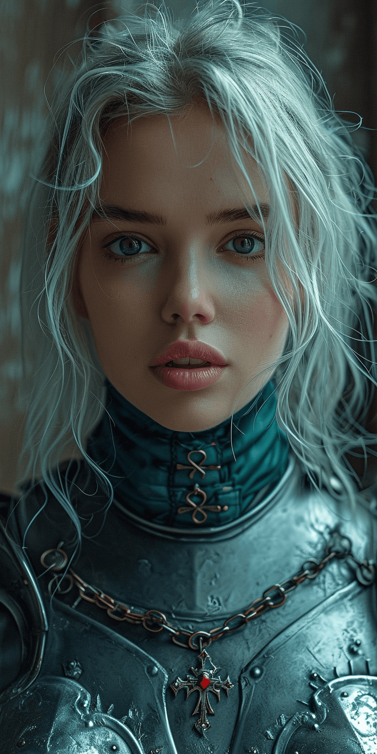 AI generated: a woman in armour, in the style of light white and dark silver, y2k aesthetic, soft, dream-like qual...