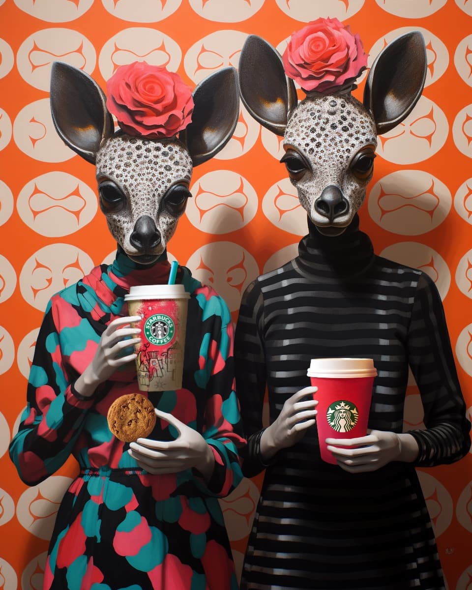 AI generated: two black statues of two females holding coffee, in the style of devilcore, bold patterns, absurdist...