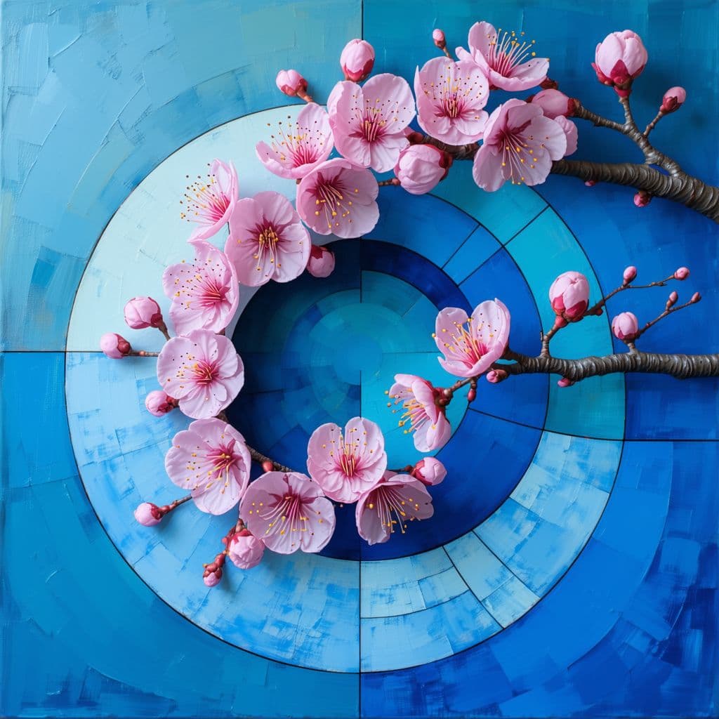 AI generated: Fibonacci, cherry blossoms, blue abstract background, pink accents.