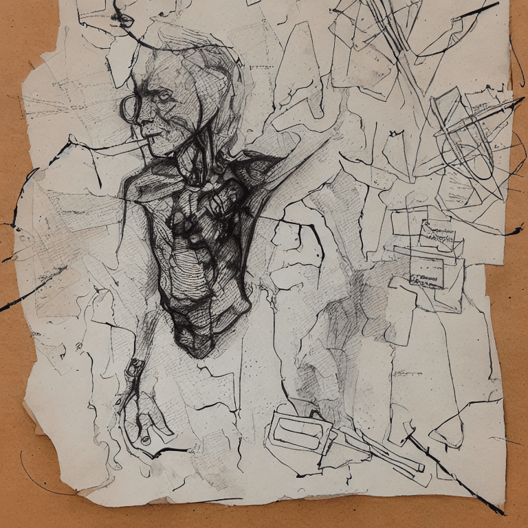 AI generated: Ink illustration,  paranoid, annotated, messy, disorganized, with Anatomical non -finished drawing, ...