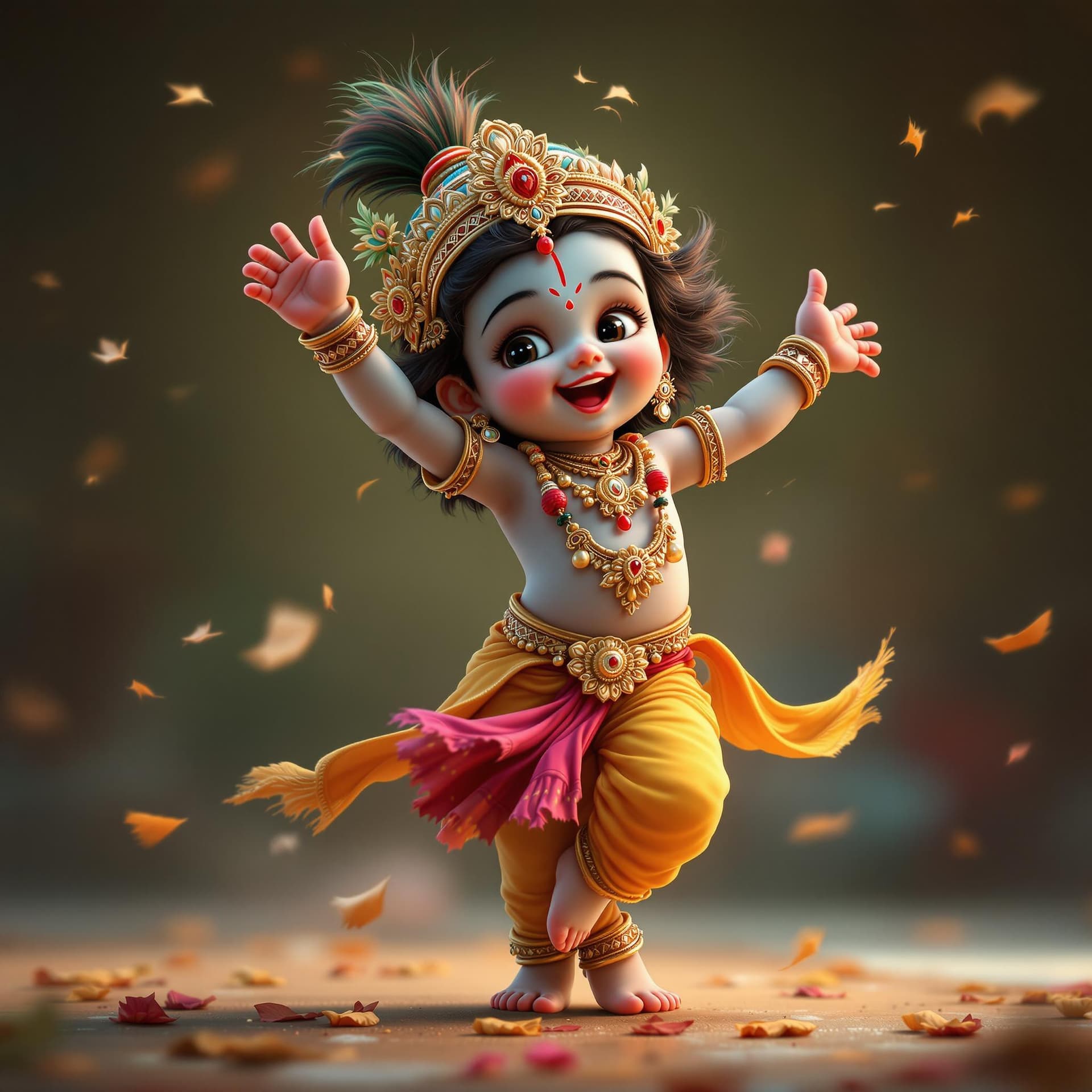 AI generated: Realistic image of cute little Krishna dancing with joy