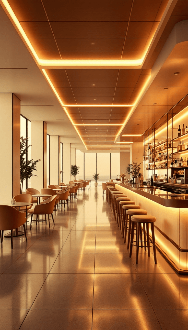 AI generated: a bar in an airport that is lit up with white lights, in the style of precisionist lines and shapes,...