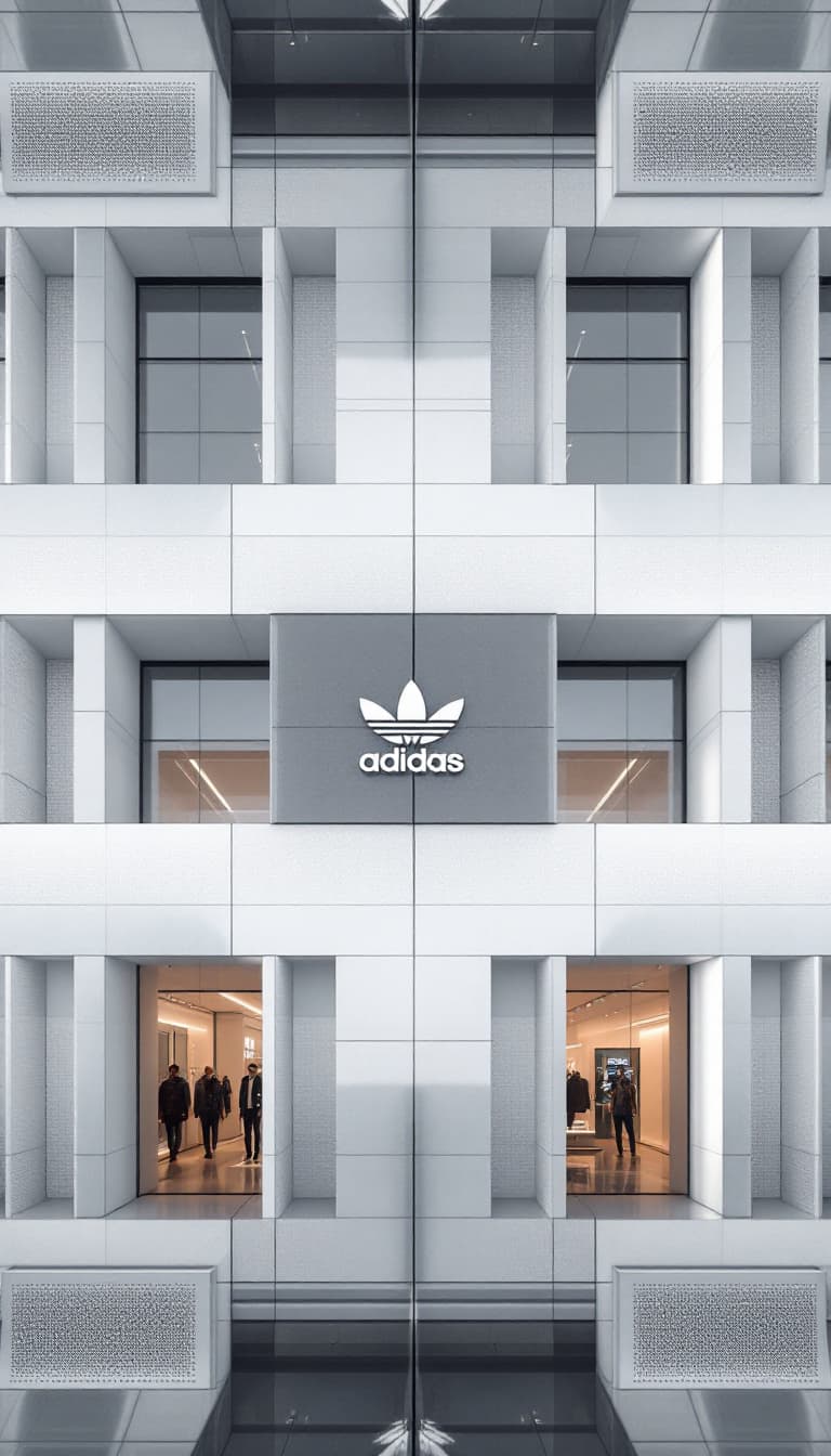 AI generated: Symmetrically mirrored, an Adidas store facade made of clean minimalist shapes inspired by Bauhaus, ...
