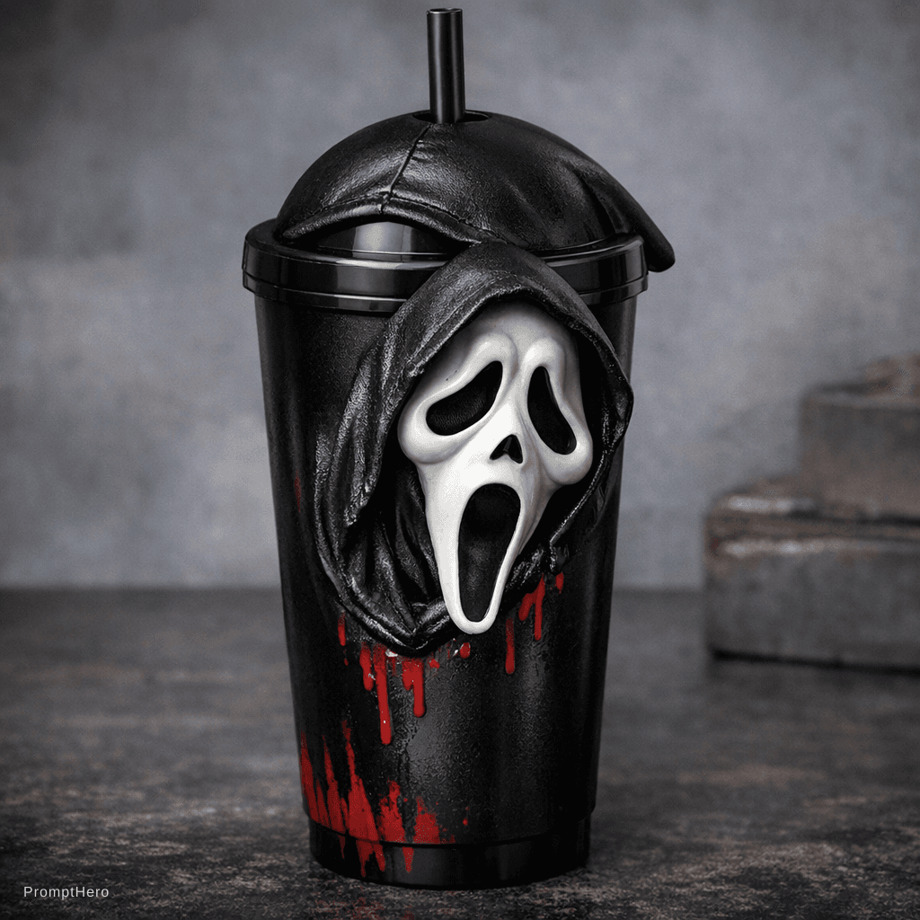 AI generated: crear un vaso con capucha de la pelicula scream, donde la parte de la mascara este media salida
