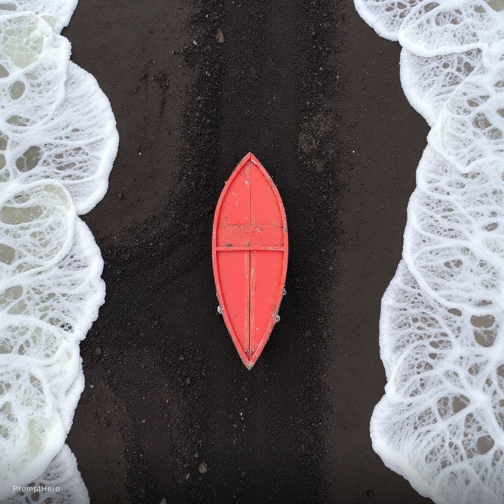AI generated: small, red wooden boat rests on a dark, volcanic beach.  The boat is centered in the image, position...