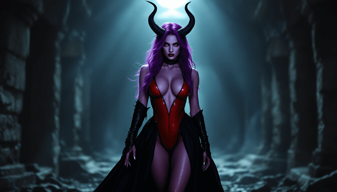 AI generated: A full body long shot of a  badass female succubus goddess character rocking purple skin, horns, and...