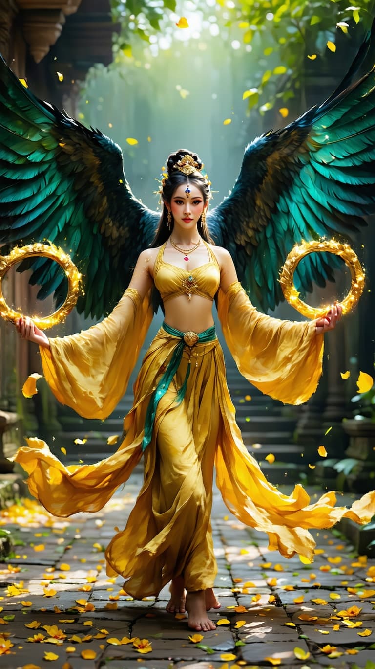 AI generated: An ultra-realistic, wide angle, front facing, full-body portrait of a mesmerizing Dancer in golden t...