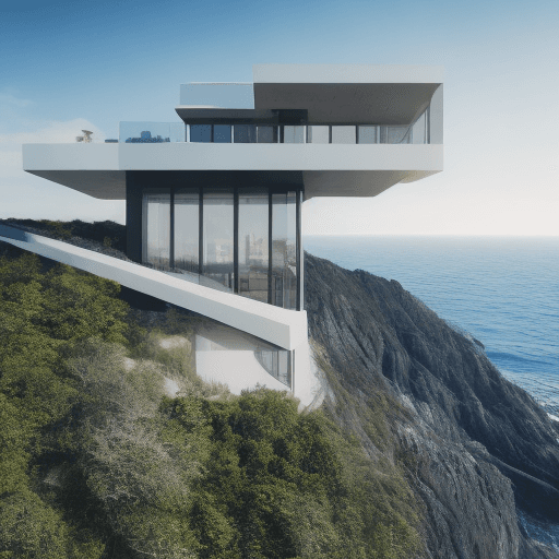 AI generated: hyper realistic aerial exterior photo of a beautiful ultra modern house on a cliff overlooking the o...