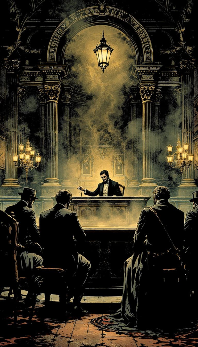 AI generated: An image in a Victorian Penny Dreadful comic style of a A courtroom  view of a man on trial in Ameri...