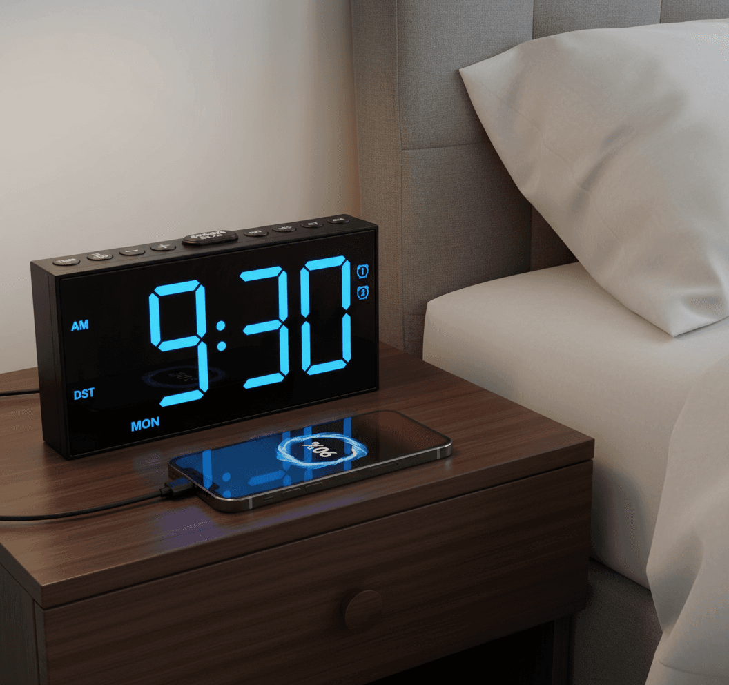 AI generated: There is a cool clock alarm with neon blue digits on the alarm. The alarm says 9:30 A.M. on a night ...
