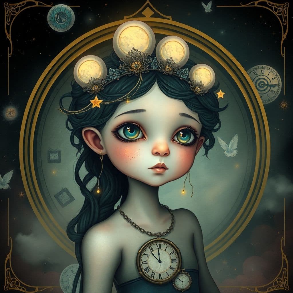 AI generated: A whimsical humanoid figure with a crown of moons and glowing freckles, captured in a portrait with ...