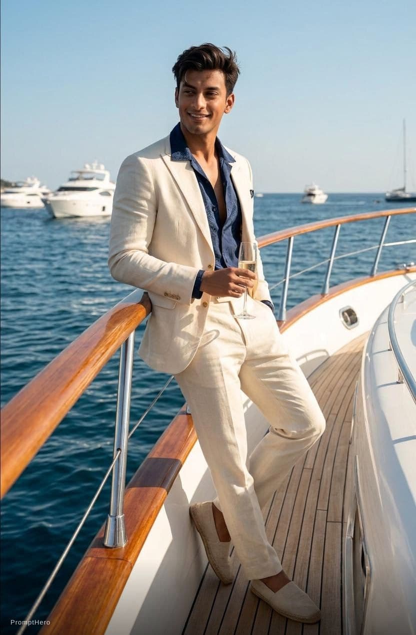 AI generated: Create a high-end fashion image of a male model wearing a tailored summer suit with an open shirt. P...