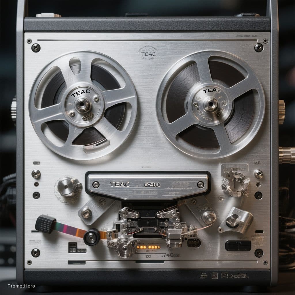 AI generated: Macro, extreme close-up photograph of a vintage high-end TEAC A-7400RX reel-to-reel tape recorder. T...