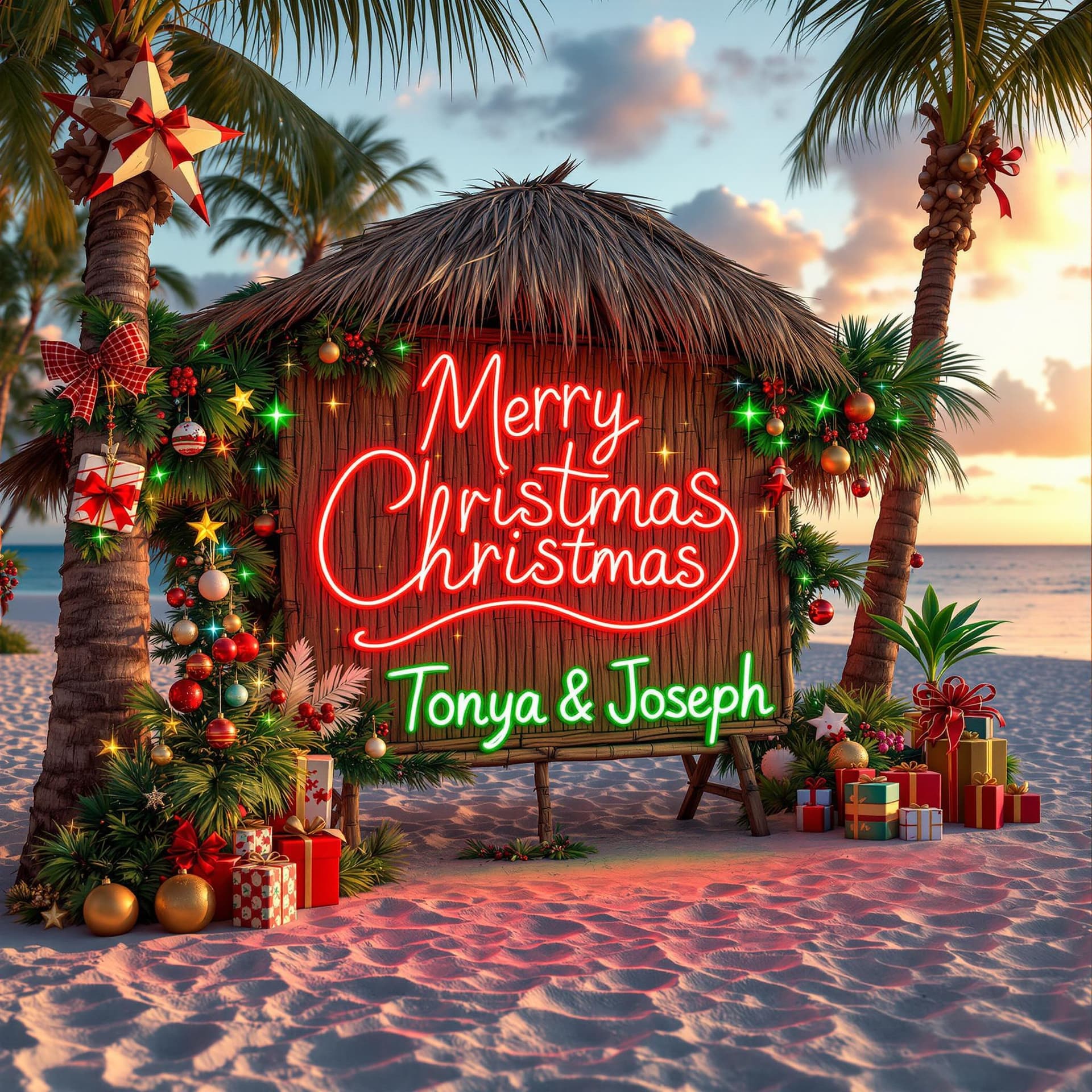 AI generated: Beachy holiday scene, lots of Christmas decorations, thatched sign made of palm fronds, red and gree...