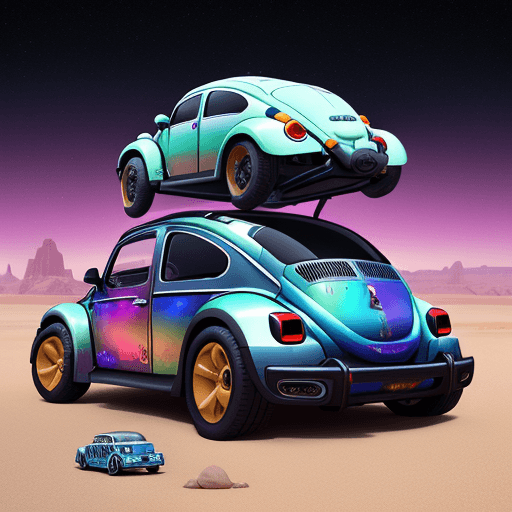 AI generated: a floating beetle sedan. space truck in parked in the cosmic galaxy selling tasty drinks, Hyperreali...