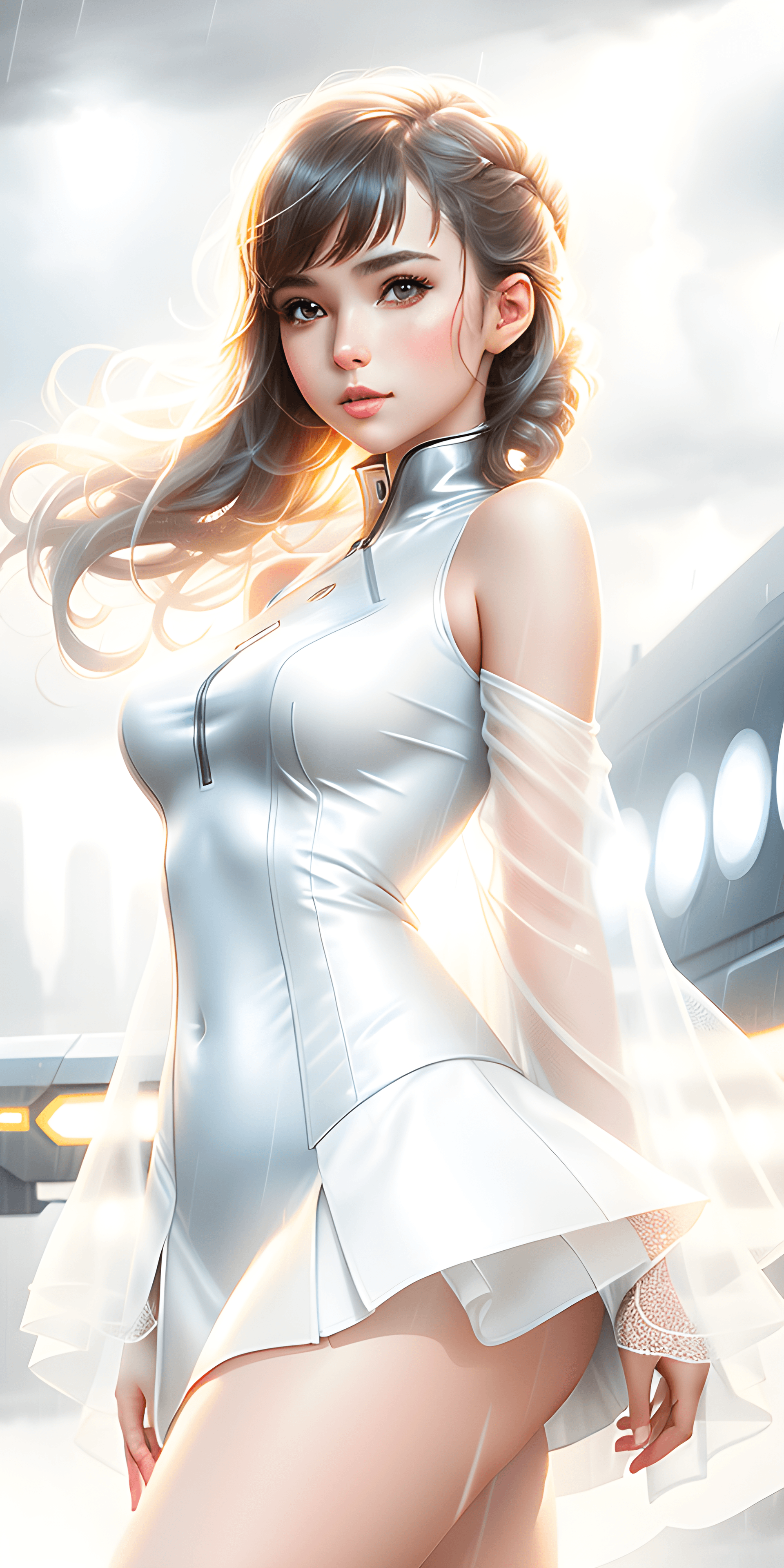AI generated: pretty young girl in time of stormy rain, elegant outfit. Perfect face, sharp chin, fine detail, rea...