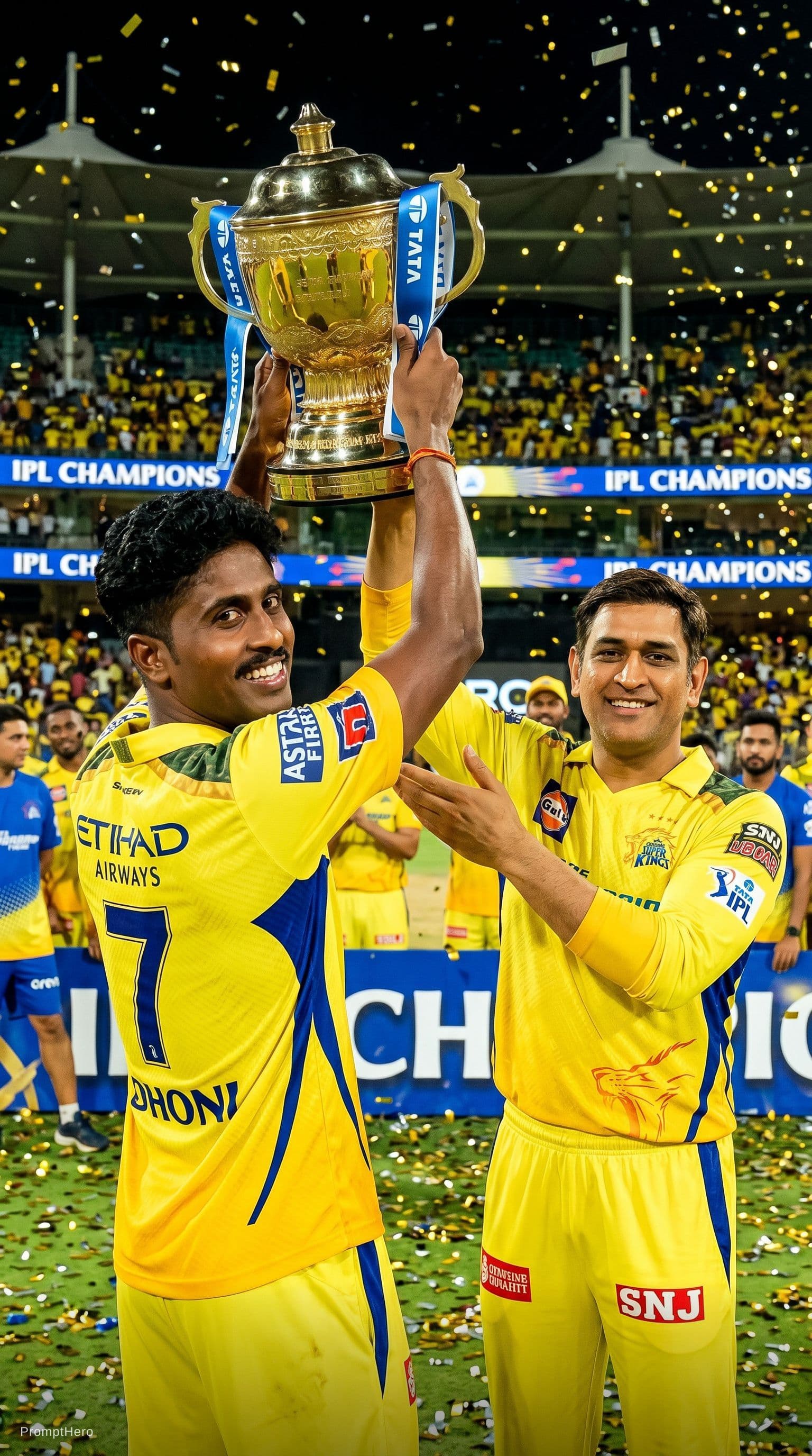 AI generated: Lifting trophy with msd csk seme outfit 