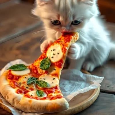 AI generated video: Cat takes one bite of pizza and immediately spits out 