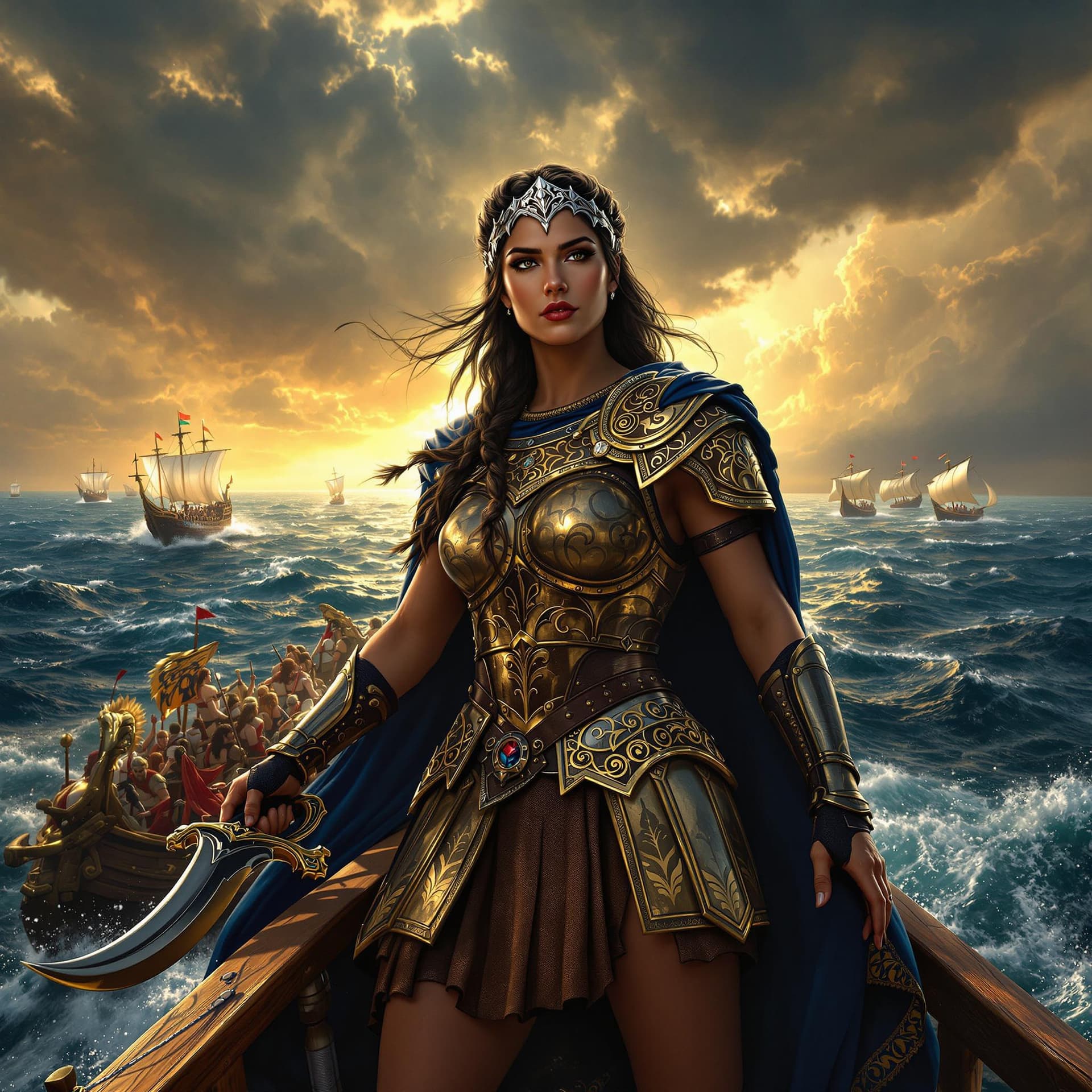 AI generated: Prompt: A powerful and determined Queen Teuta of Illyria stands at the prow of her warship, sailing ...