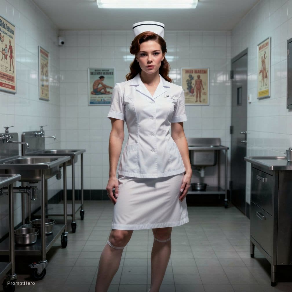 AI generated: A playful yet provocative scene of a curvy nurse with an hourglass figure and soft athletic thighs, ...