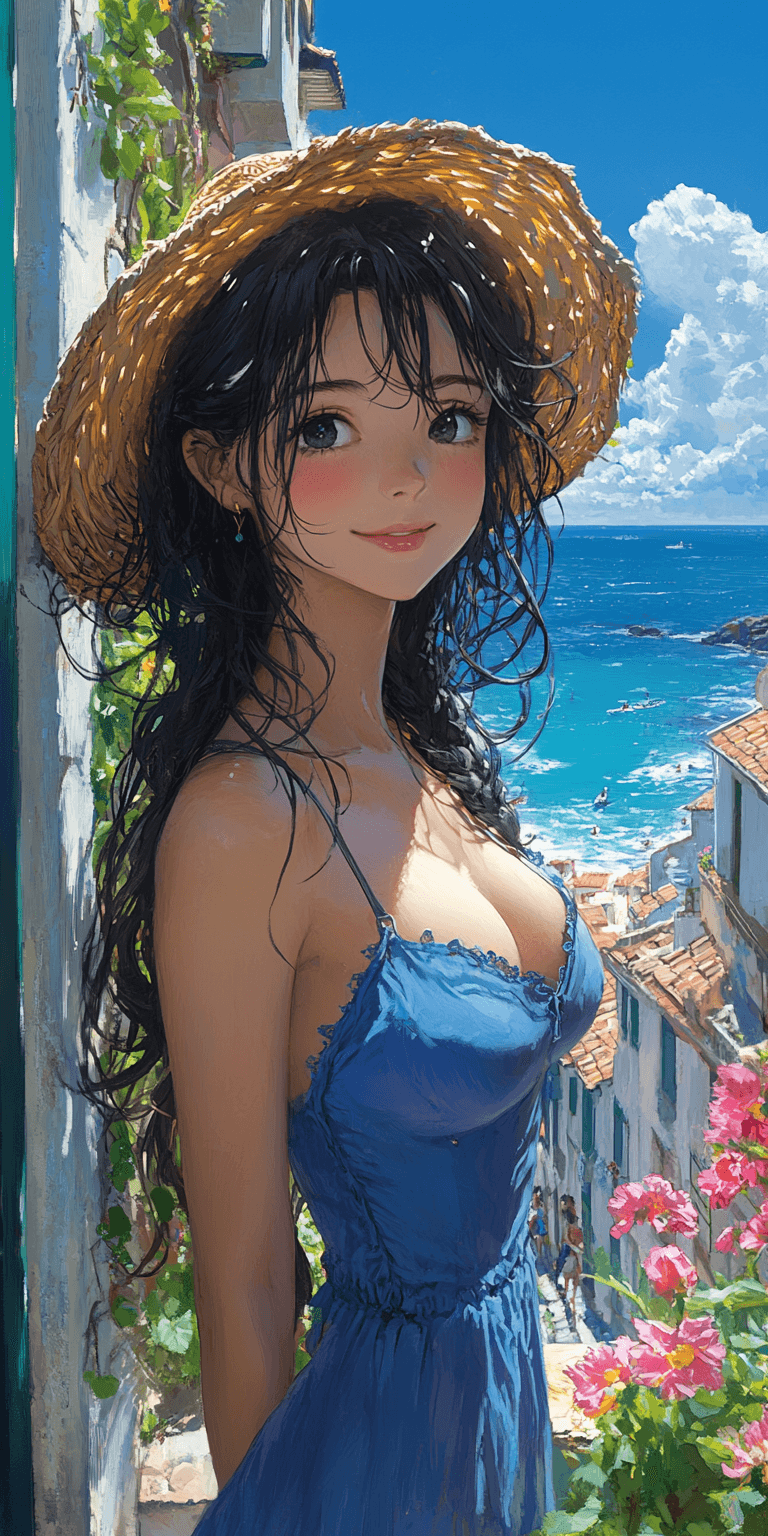 AI generated: An anime girl in a blue dress and straw hat, with long black hair and flowing curly bangs, in the st...