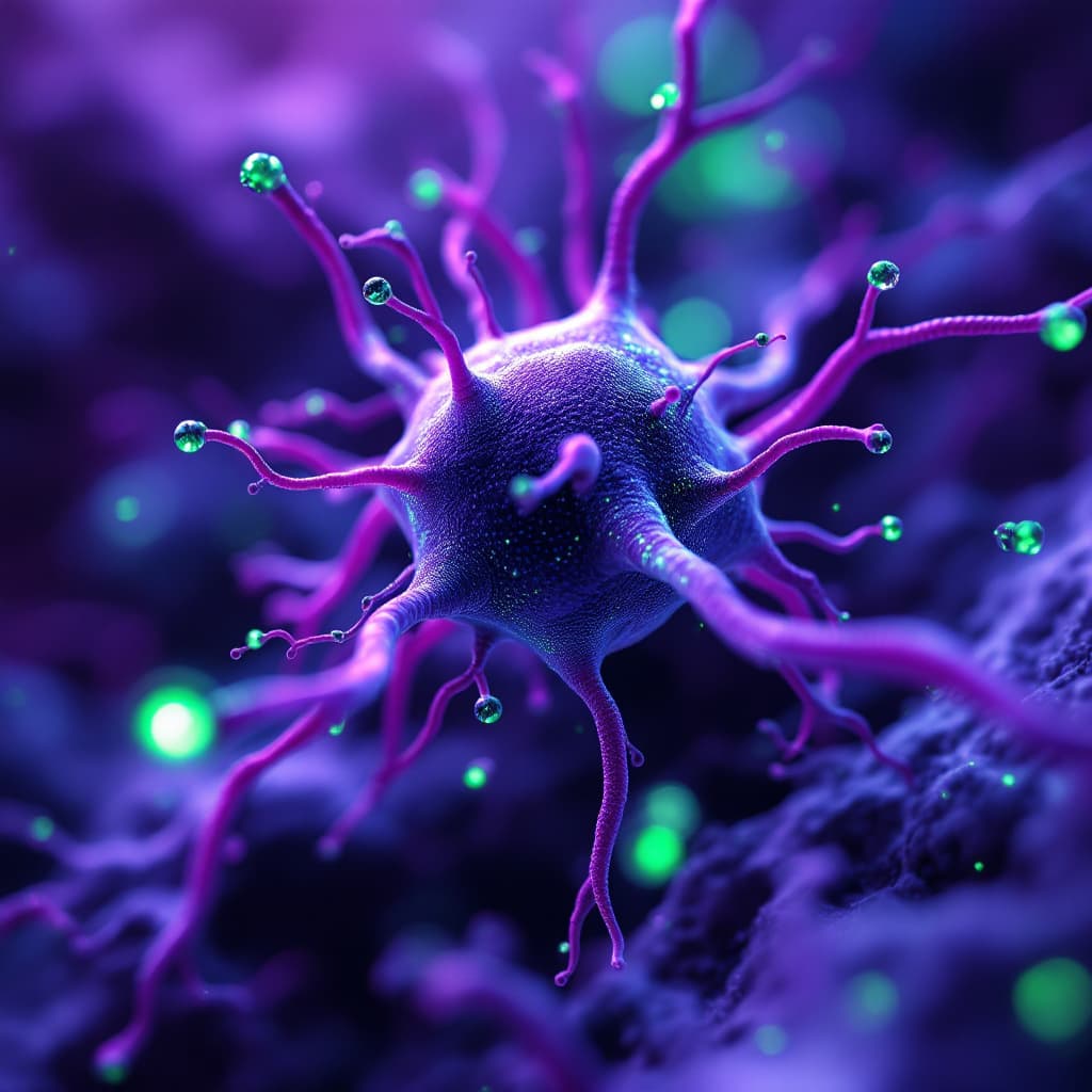 AI generated: neurons, abstract visuals, futuristic, cyberpunk aesthetic, purple green accents, soft diffused high...