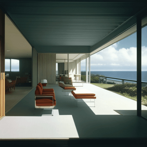AI generated: Hyper realistic eye level exterior photo of a mid century modern style house overlooking the ocean, ...