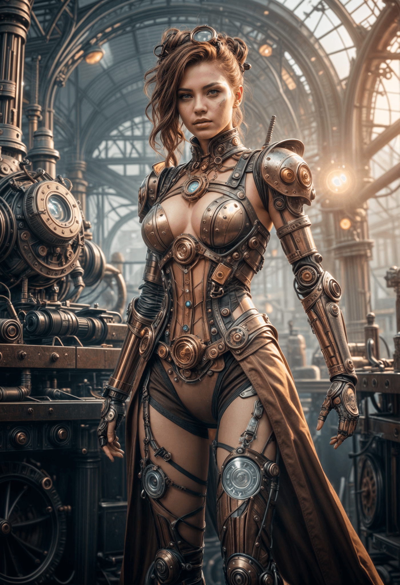 AI generated: electric cyborg in a steampunk world,full body,lensflare,misty,steam,intricate detailed