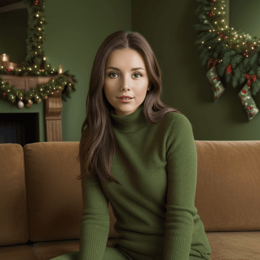 AI generated: brown hair woman in a green outfit sitting in a couch, brown hair, green walls, fancy chimney, chris...