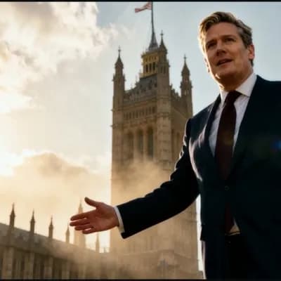 AI generated video: Scene: Confident politician or leader in sharp suit stands with arms outstretched before the Houses ...