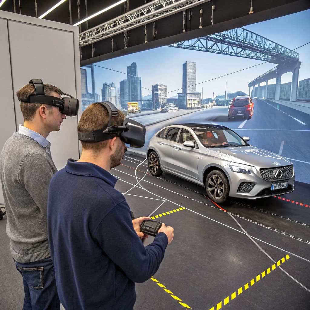 AI generated: a high-resolution image showing immersive 3D environments with virtual cars, engineers with VR heads...