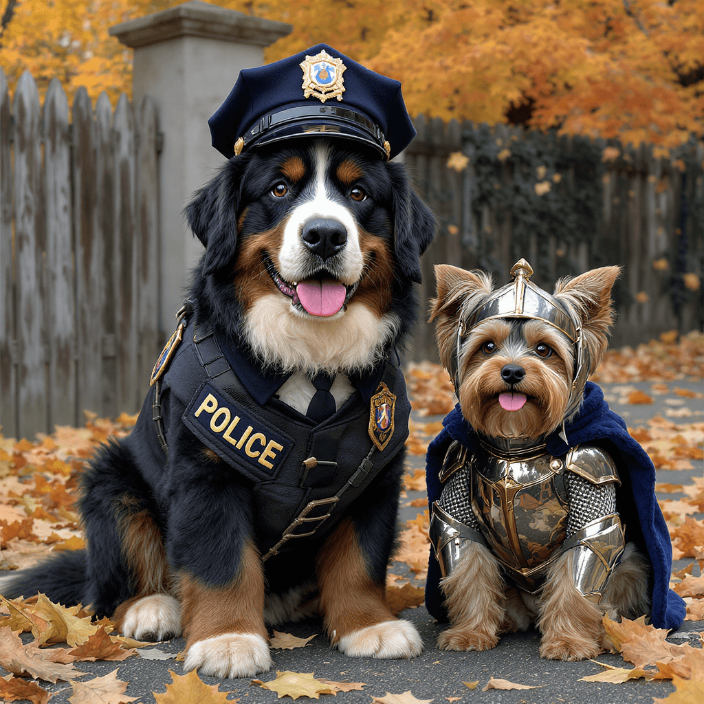 AI generated: Create a highly detailed photograph of a much bigger Bernese Mountain Dog and a Yorkshire terrier dr...