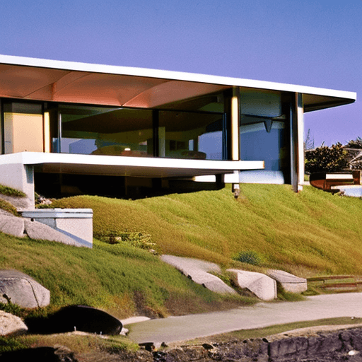 AI generated: Hyper realistic eye level exterior photo of a mid century modern style house overlooking the ocean, ...