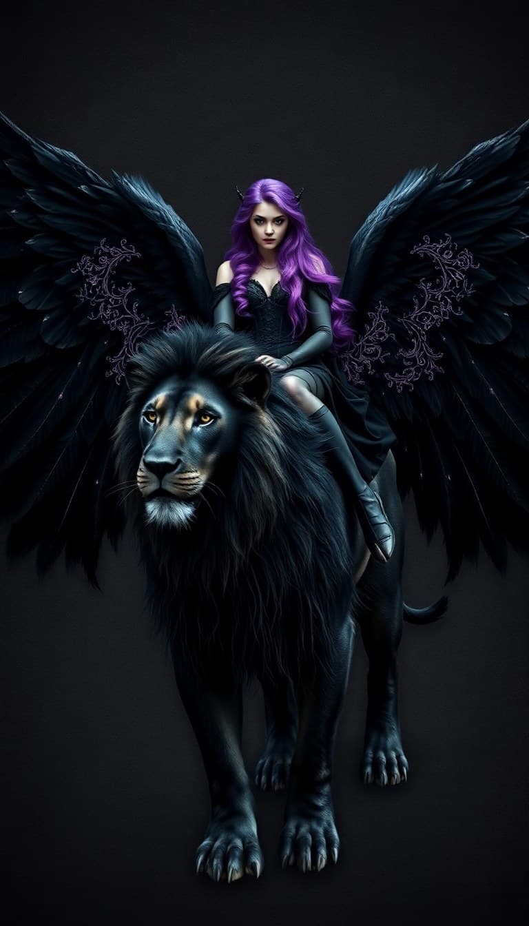 AI generated: A full body photo shot of an angelic mythical black lion with large black outstretched feathery wing...