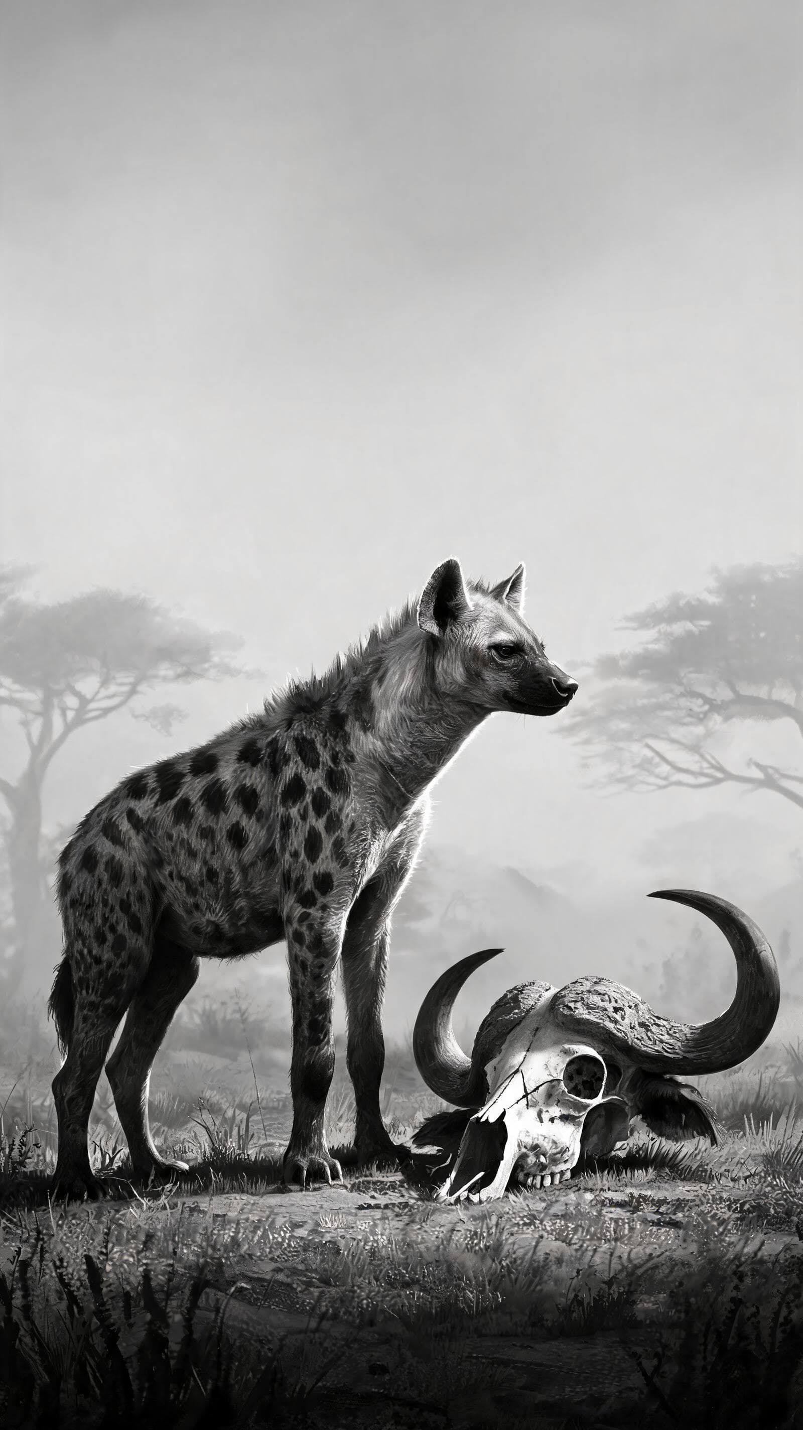 AI generated: Black and white wildlife illustration of a spotted hyena (Crocuta crocuta) দাঁstanding upright in th...