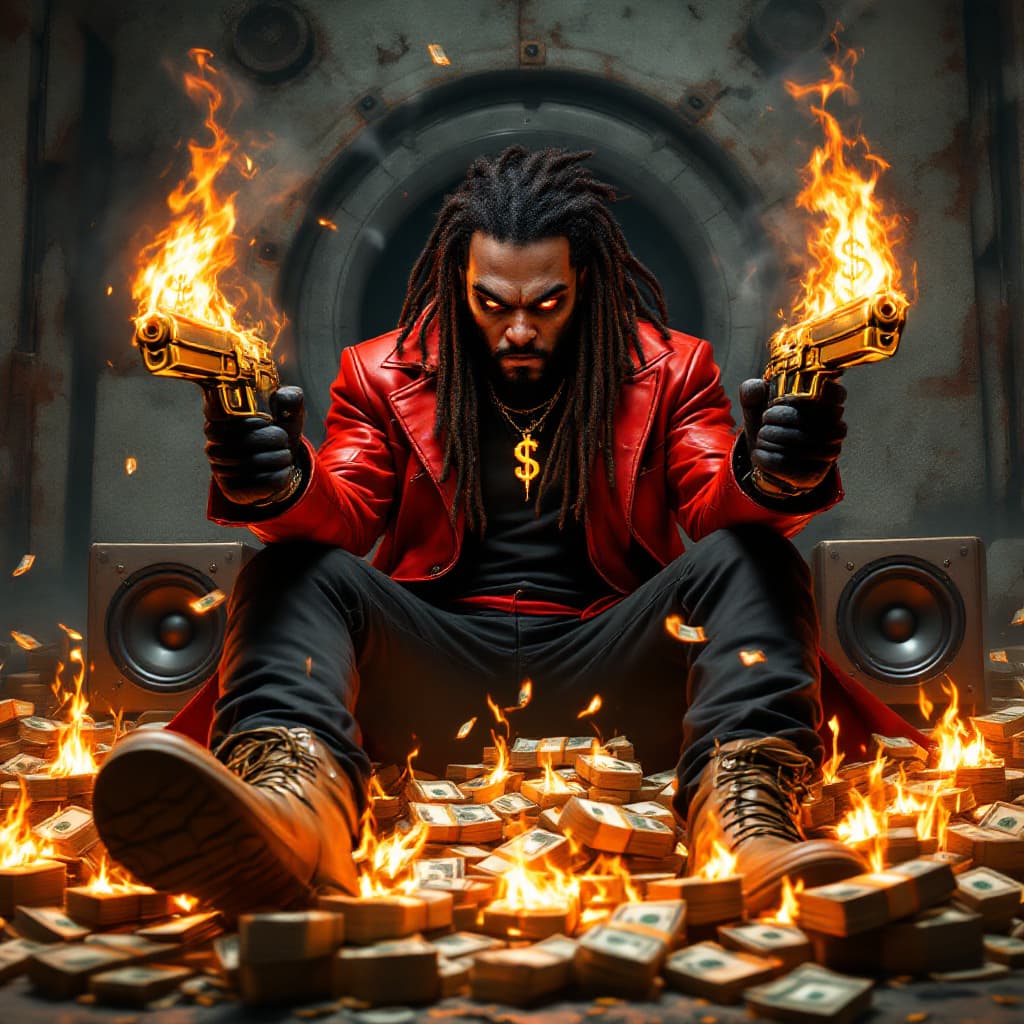 AI generated: a crazy african american character with a sinister looking facial features, long dreadlocks, red lea...