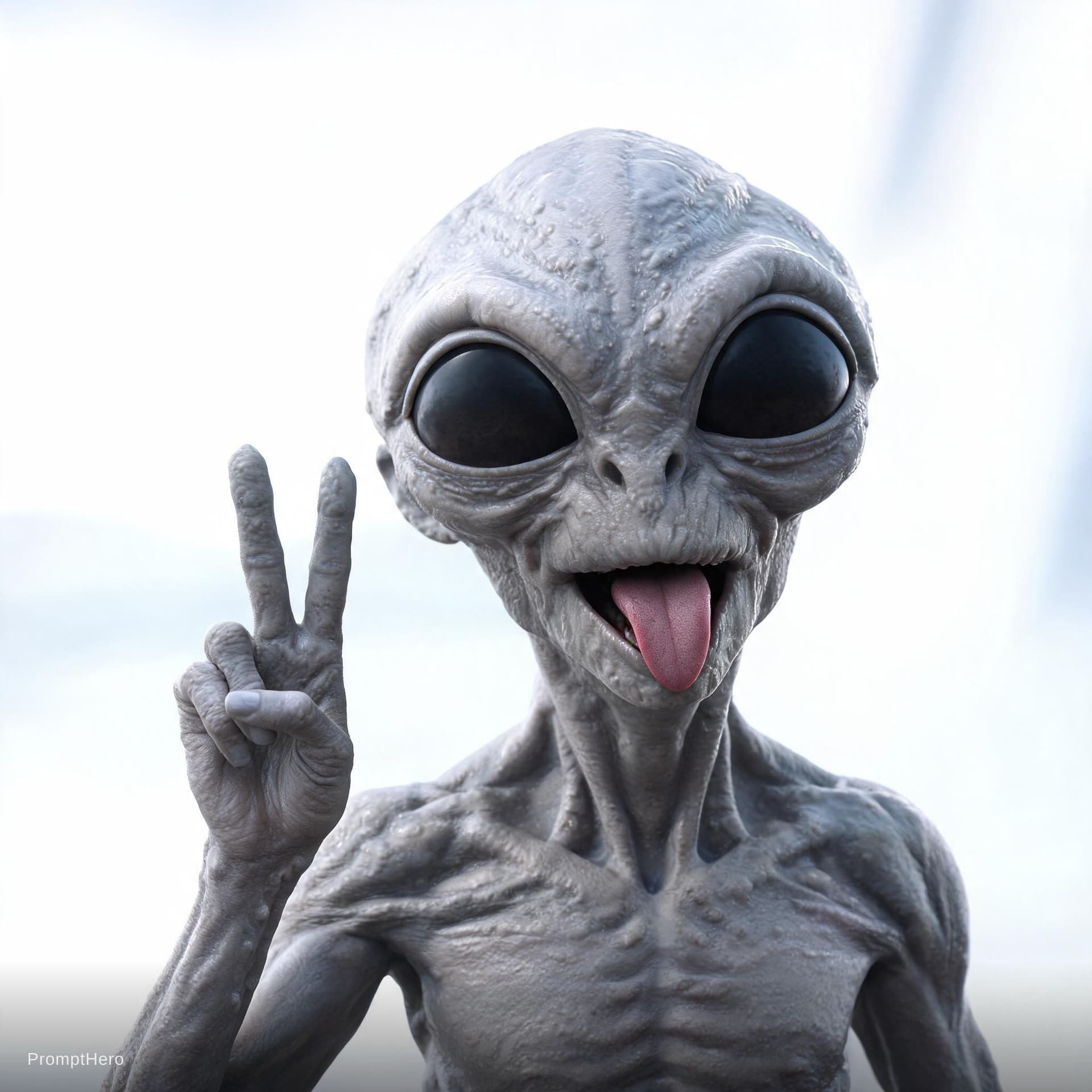 AI generated: Close-up of an alien, depicted as a light gray, humanoid creature. The alien is positioned in the ce...