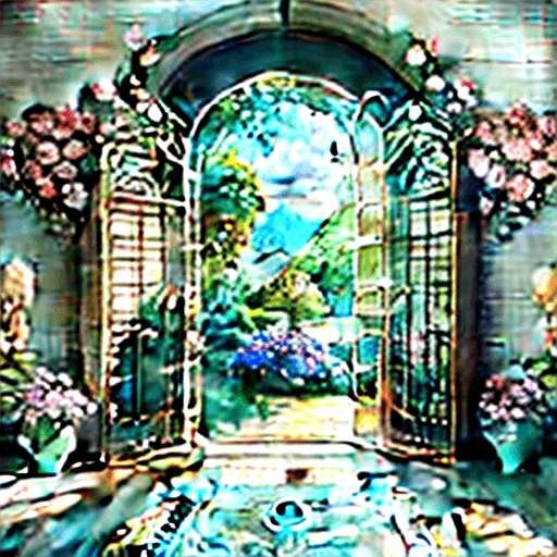 AI generated: High resolution interior design, dreamy view of the opened gates of paradise, openwork gate, fairy f...