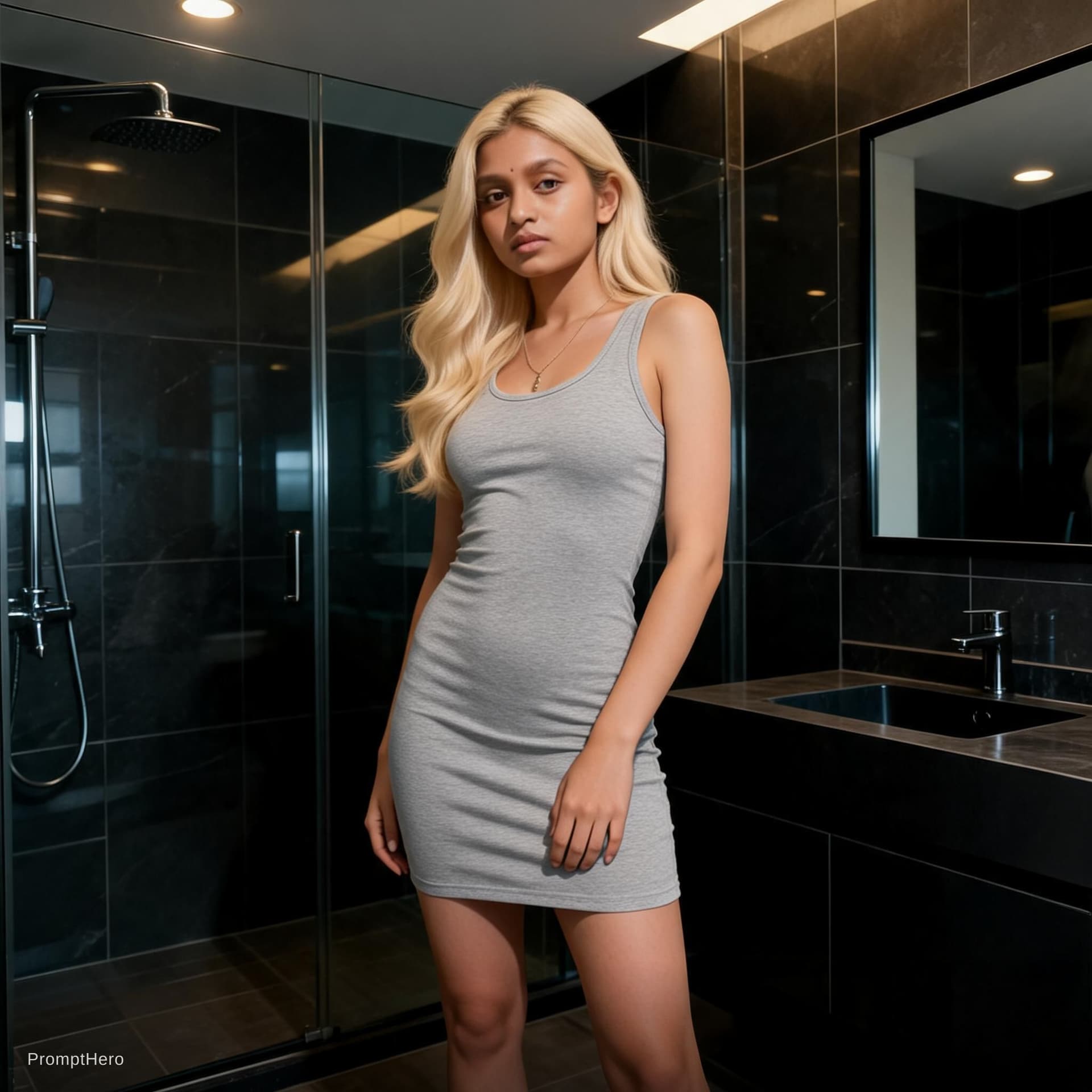AI generated: “Ultra-realistic full body portrait of the same blonde female influencer standing naturally inside t...