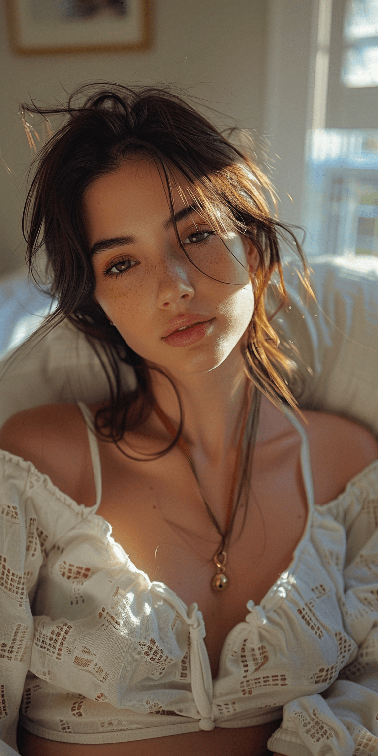 AI generated: selfie photo of an attractive woman with messy hair, snapchat, laying in bed, early morning light, s...