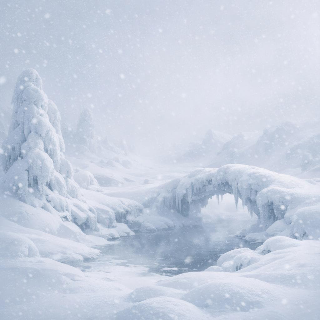 AI generated: Create a unique environment/Biome of a Ice Snow → The White Silence (soft endless snowfall, quiet an...