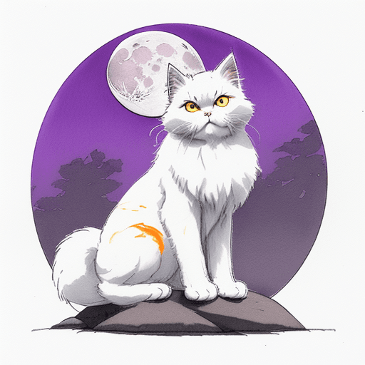 AI generated: [White : orange : Purple ], a close up full body portrait of an Persian cat sitting on a rock, moon,...