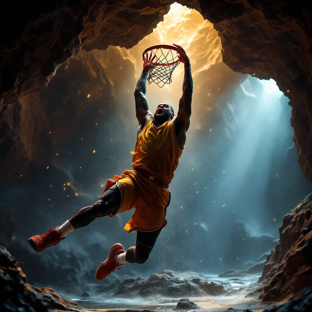 AI generated: Lebron james dunking in a cave incredibly lost and screaming, 8k, HD, nanites, volumetric lighting, ...