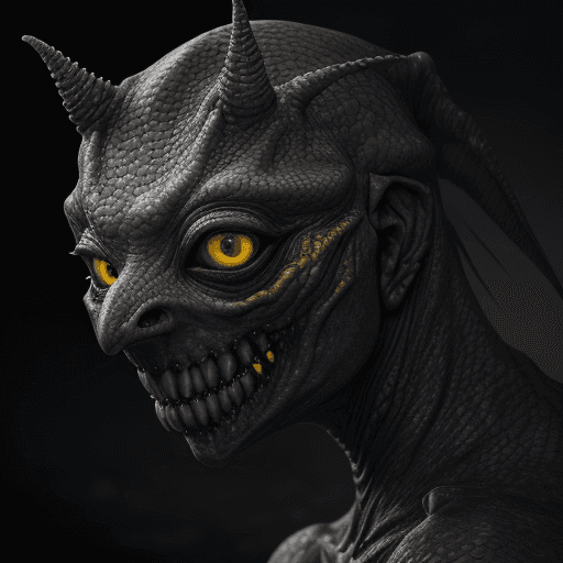 AI generated: Scary creature, flat snout, yellow eyes, horror, dark and haunting, hyperrealism, ultra-detailed, 8k...