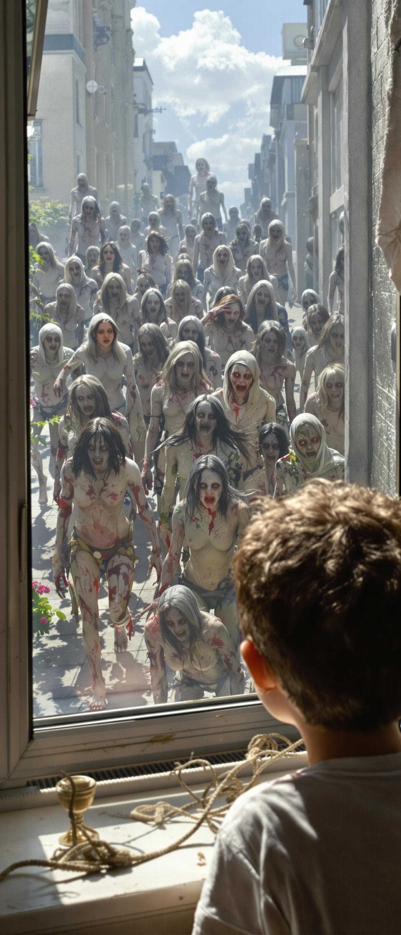 AI generated: A boy looking from a window at daylight and sees many walking womem zombies   . Their body are expos...