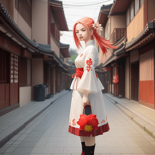 AI generated: girl stands in a red flower surrounded street, resembles to Sakura Haruno in every detail ,in the st...