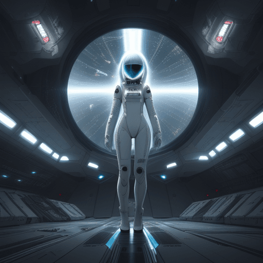 AI generated: Girl in spacesuit, spaceship inside, Tsutomu Nihei style, Sidonia no Kishi, gigantism, laser generat...