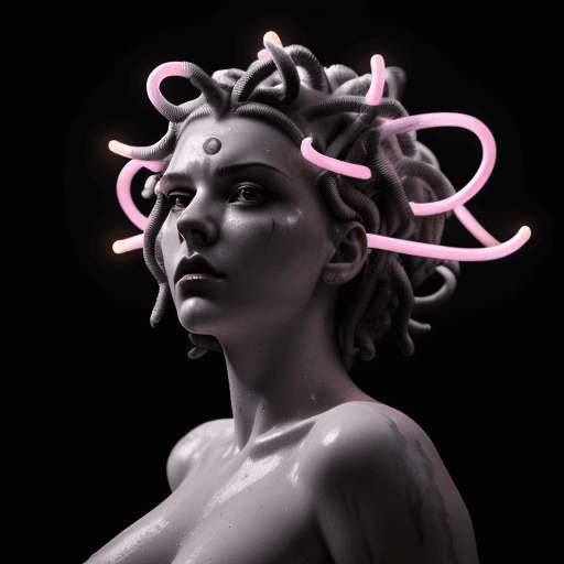 AI generated: Medusa , neón punk dramatic light, pale sunrise, cinematic lighting, battered, low angle, 4k, hyper ...